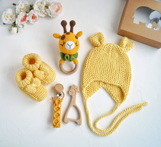 Giraffe Baby Girl Gift Basket With Giraffe Rattle, Hand Knit Bonnet & Booties, Macrame Dummy Clip, Pregnancy Announcement Set