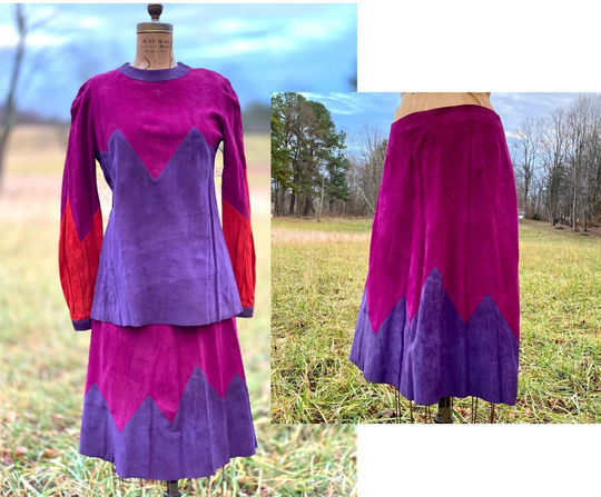 Vintage 1970S Leather Suede Color Block Skirt & Top Set - Hippie Boho Purple Red Pink Rare Saks Fifth Avenue Made in France