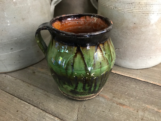 19Th C Pottery Jug, Small Pitcher, Green Glazed Terra Cotta, Flower Vase, Rustic European Farmhouse, Farm Table