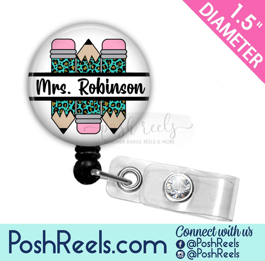 Teacher Badge Reel - Retractable Teal Leopard Print Pencil Holder Lanyard Lanyard, Carabiner 2264