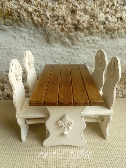 Dollhouse Table & Chairs, Miniature French Country, Table Shabby, Set Dinning Table, 112Scale