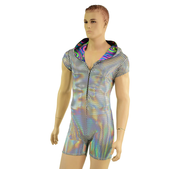 Mens Prism Holographic Zipper Front Cap Sleeve Hoodie Romper with Glow Worm Hood Liner & 4" Inseam - 1579256