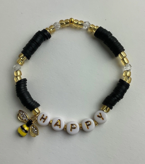 Bee Happy Bracelet/stackable Bracelet/Heishi Beaded Bracelet/Bumblebee Bracelet/Bee Charm Bracelet/ Word Bracelet/Friendship Bracelet