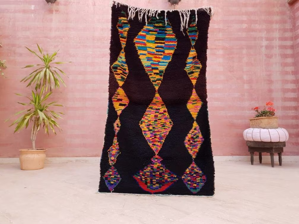 Vintage Moroccan Rug, Black Rug 2.9x5.4 Unique Berber Accent | & Colorfil Boho Rug Boucherouite