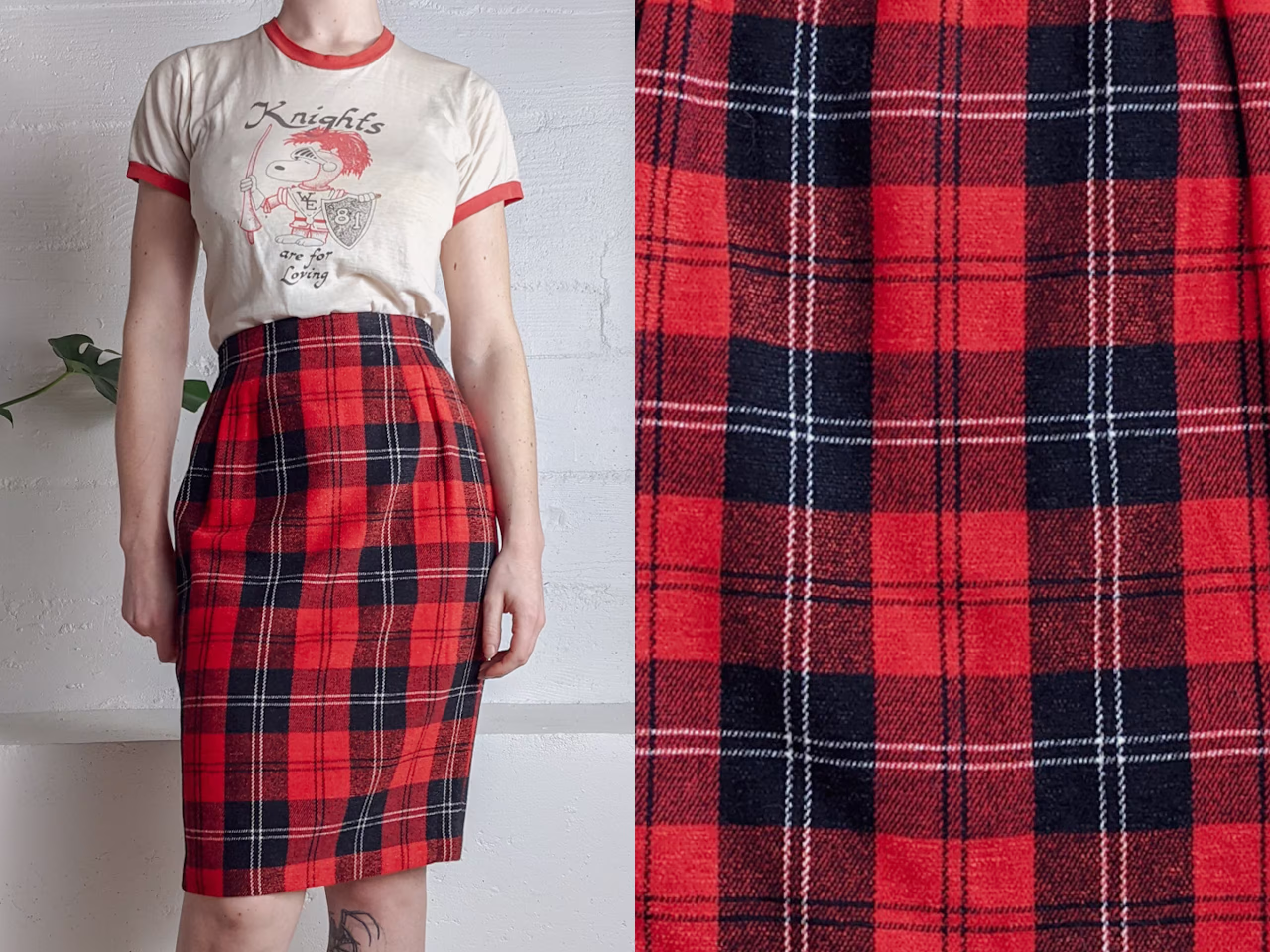 Vintage 1980S Red & Black Plaid Wool Blend Pencil Skirt 80's 90's Grunge Tartan Pattern Knit Bombshell Pin Up High Waist