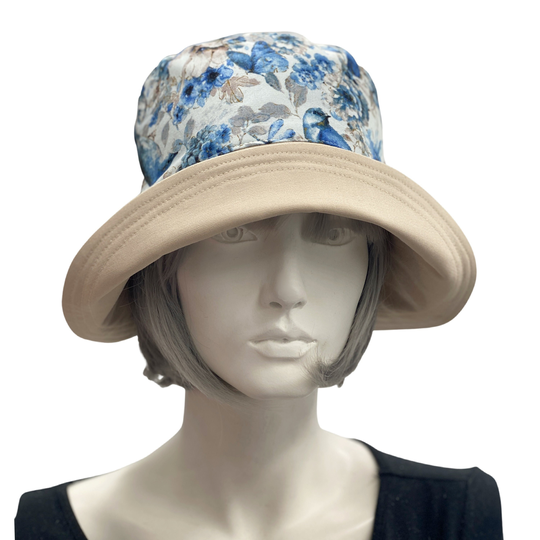 Summer Hats Women, Beige & Blue Cloche Hat, Handmade Sun Floral Garden Tea Party Hat