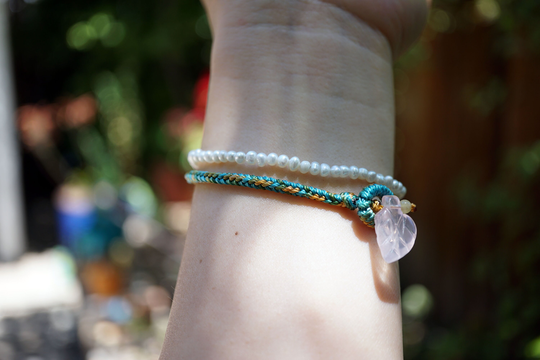 2 Strands Bracelet, Colorful Rope Knots Pearl Bead Mixed Color Bracelet 7''
