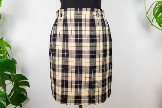 Vintage Beige & Black Plaid Mini Pencil Skirt
