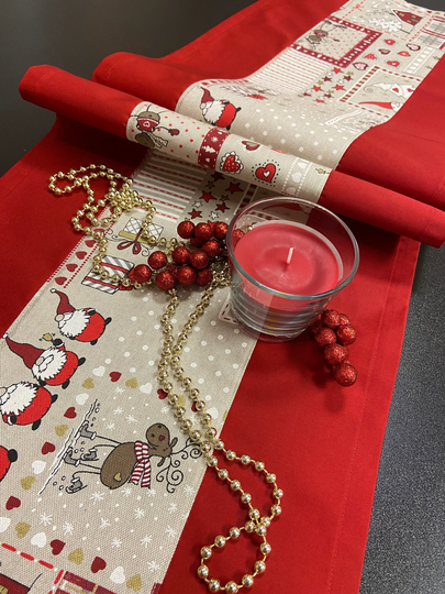 Christmas Table Runner Cotton Fabric Red Beige Gnome Holiday Linen