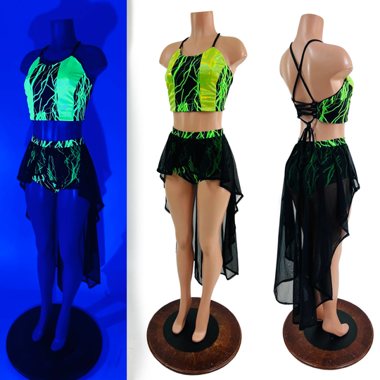 Green Lightning Uv Glow Strappy Back Halter Top & High Waist Siren Shorts With Black Mesh Hi Lo Overskirt Emk 157884