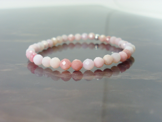 Dainty Pink Opal Faceted Bracelet 4mm + Sterling Silver Bead, Natural Gemstone Bracelet, Stretch Beaded For Women Girl Gift Bag