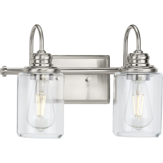 Aiken Collection Two-Light Brushed Nickel Clear Glass Farmhouse Style Bath Vanity Wall Light - 14.625 in x 7 in x 9.875 in
