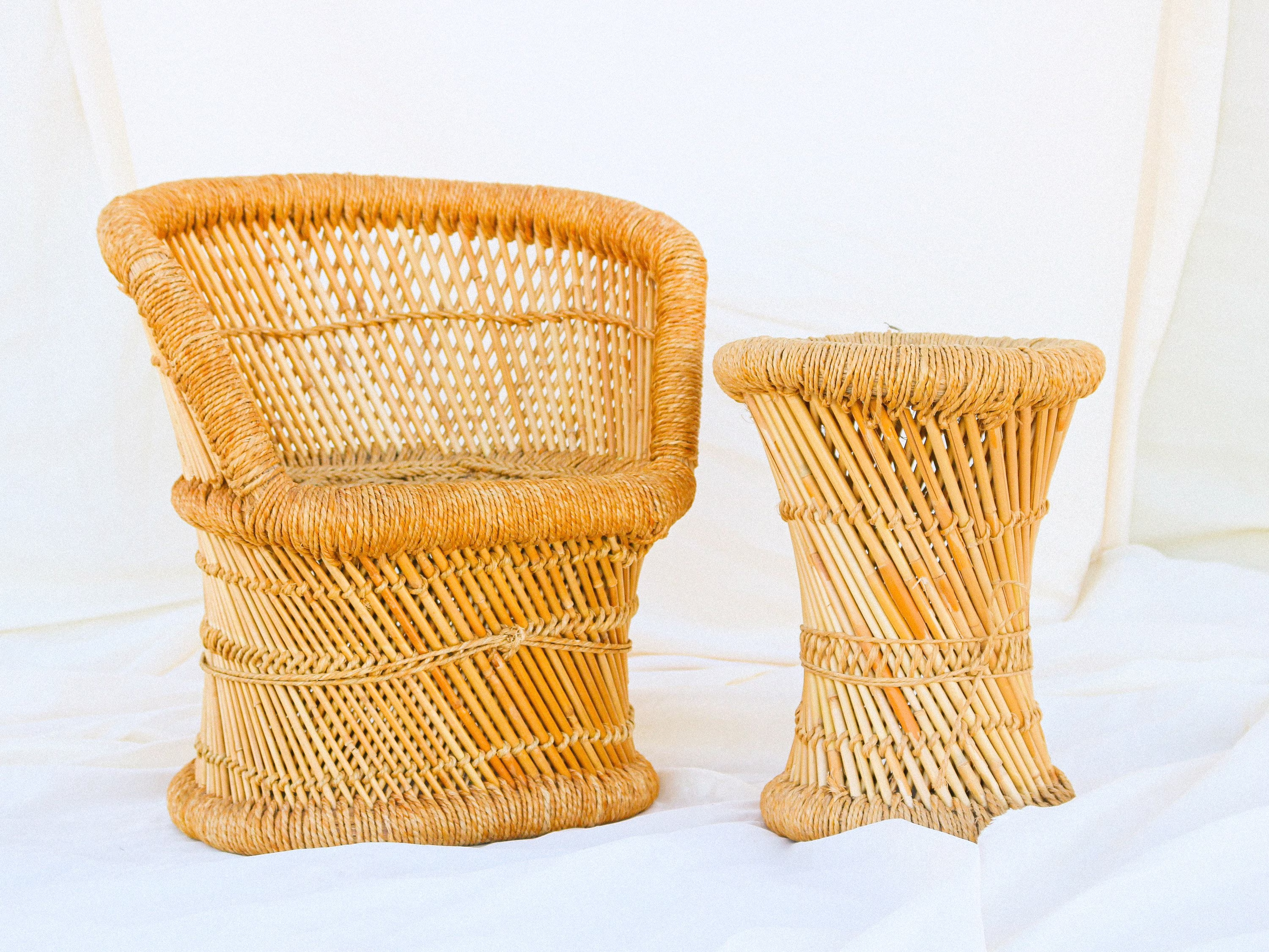 Mid Century Kids Wicker Chair & Plant Stand Modern Playroom Boho Nursery Bohemian Rattan Furniture 1970S Small Child Barrel