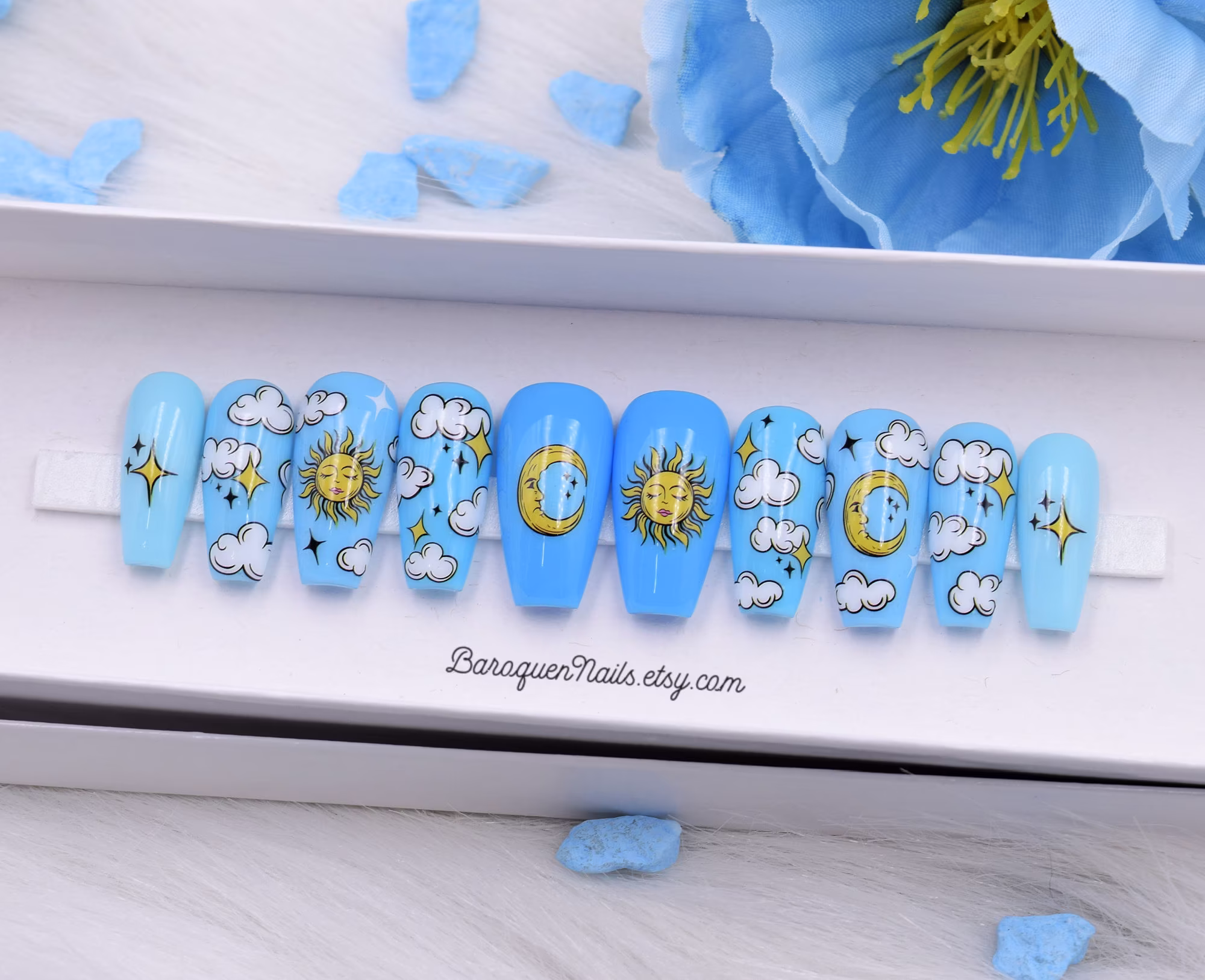 Sun & Moon Press On Nails Clouds Celestial Sky Baby Blue Ombre Gradient Fake Uv Gels Mystic Boho Tarot Card La Luna El Sol