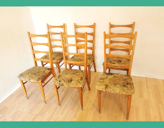 Set Of 6/Vintage Wooden Dine Chairs 1970S /Bistro Dining Chair Brown - Green Fabric Mid-Century Furniture Restaurant Bar Pub
