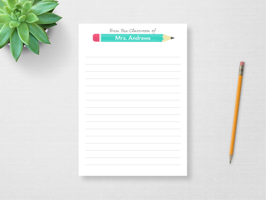 Personalized Notepad, From The Classroom Of Custom Name Notepad With Illustrated Pencil, Cute Gift For Teachers, Lined Or Unlined 5x7 8.5x11