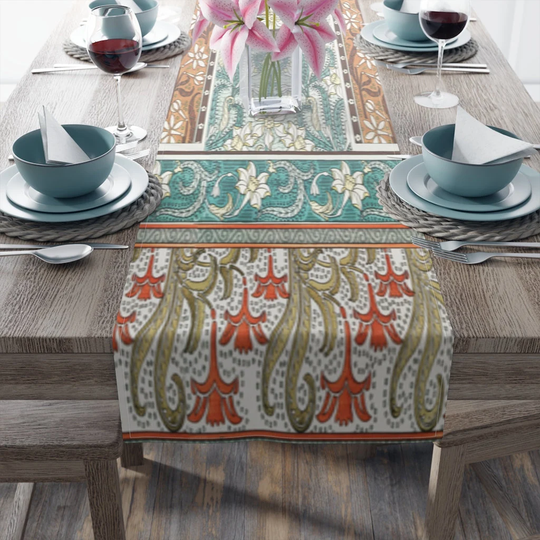 Table Runner in Daffodils & Ornaments Design, Custom Designed Floral Linen, Vintage Runner, Print Tableware Gift