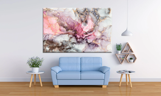 Colorful Abstract Canvas Art, Marble Pattern, Modern Wall Art, Pink, White, Coffee, Purple, Color-Blend, Gold Vein, Canvas Painting