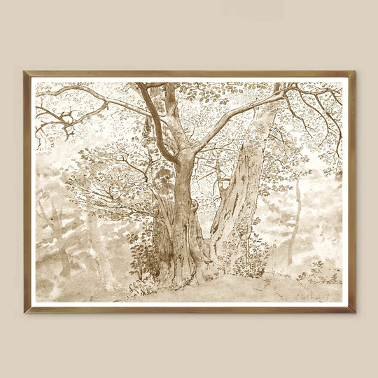 Pencil Sketch Landscape Art Print, Home Decor, Landscape Vintage Drawing, Neutral, Tree Sketch, Forest Creek
