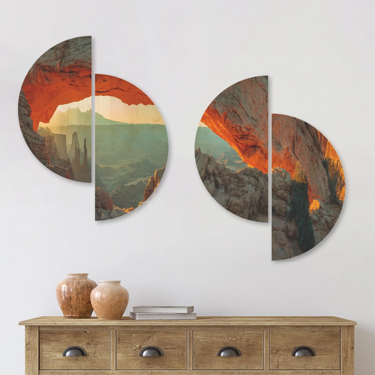 Designart 'Mesa Arch Canyon lands Utah Park' Landscape Wood Wall Art Set of 4 Half Circles - Multi-Color