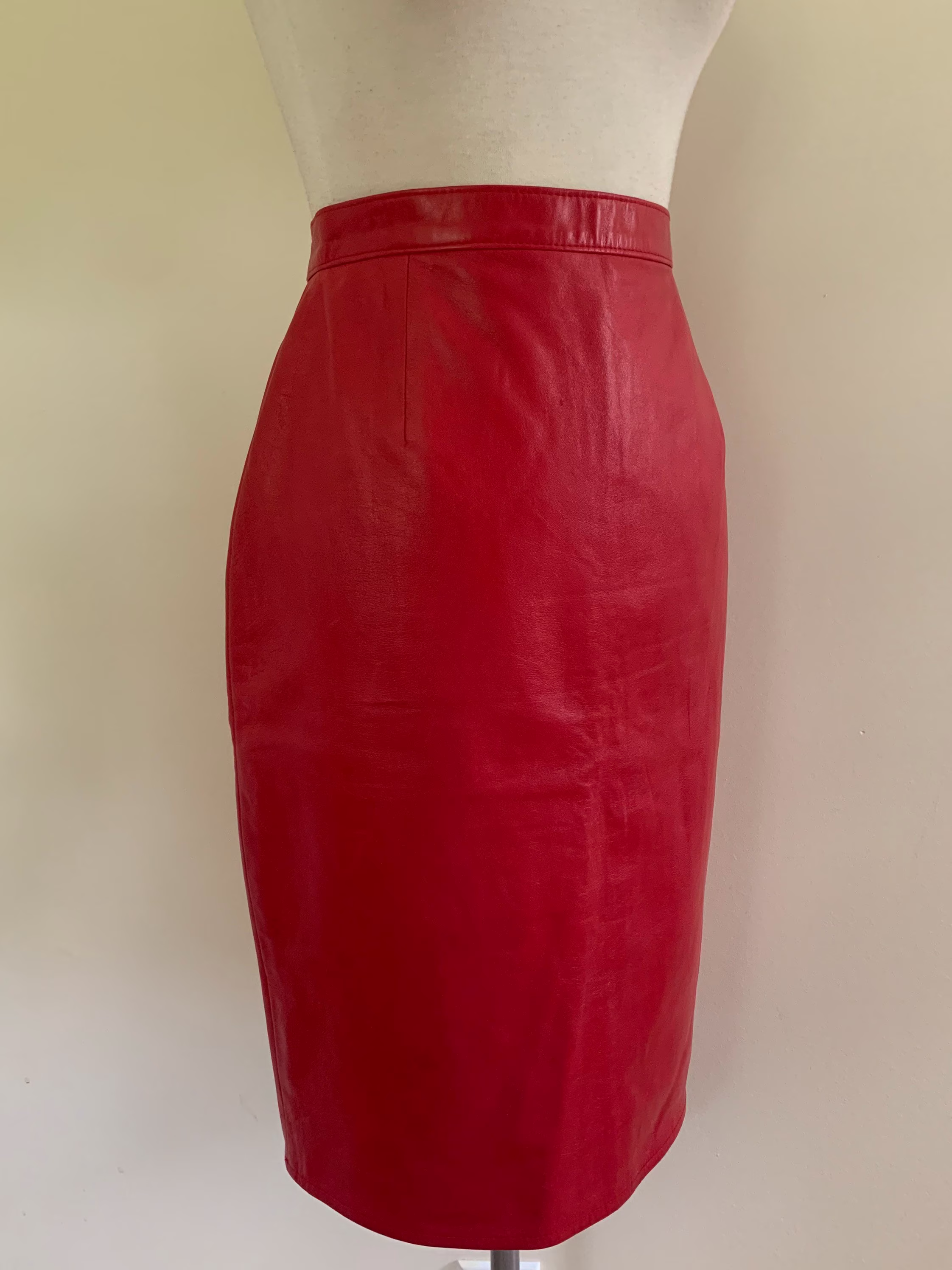 Vintage 1980S Anne Klein Red Leather Skirt/80S Designer Pencil