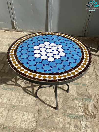 Amazing Blue Tiles Table Garden Made From Mosaic, Round For Indoor & Outdoor 100% Handcrafted, Mid Century Mosaic Art Table