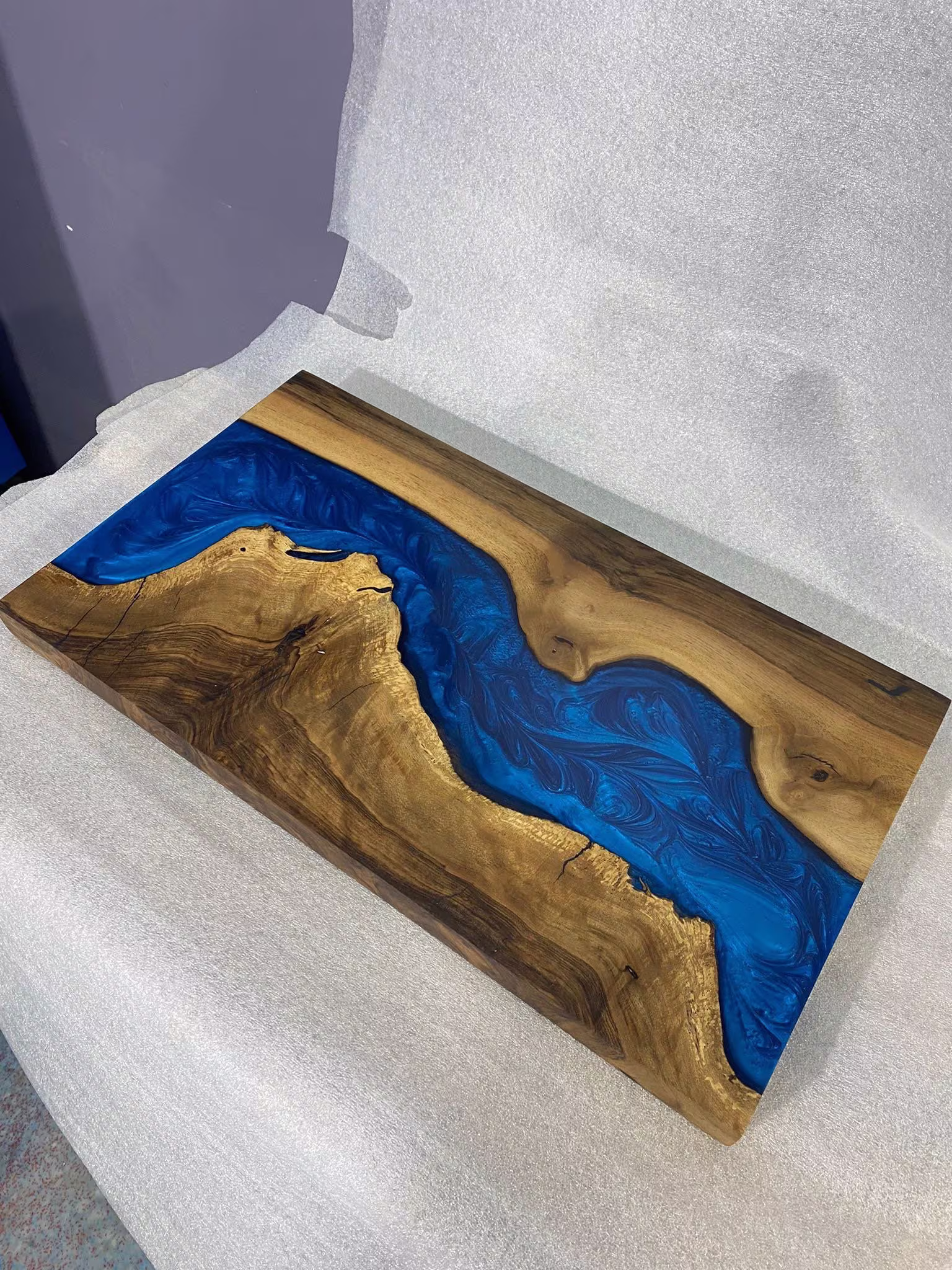 Custom Epoxy Resin River Table, 18" X 10" Walnut Wood Blue Handmade Unique Table For Home & Office Peggy3