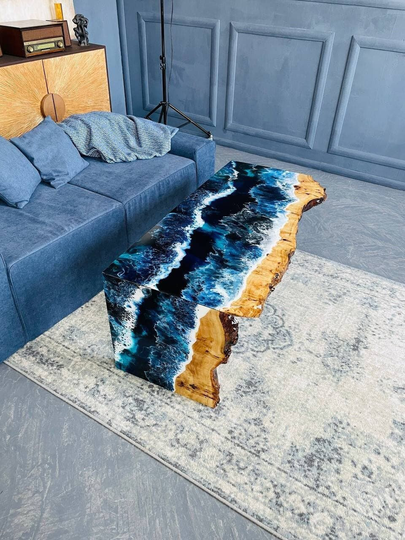 Blue Epoxy Table, Ocean Wave Living Room Resin Coffee Handmade Live Edge Table