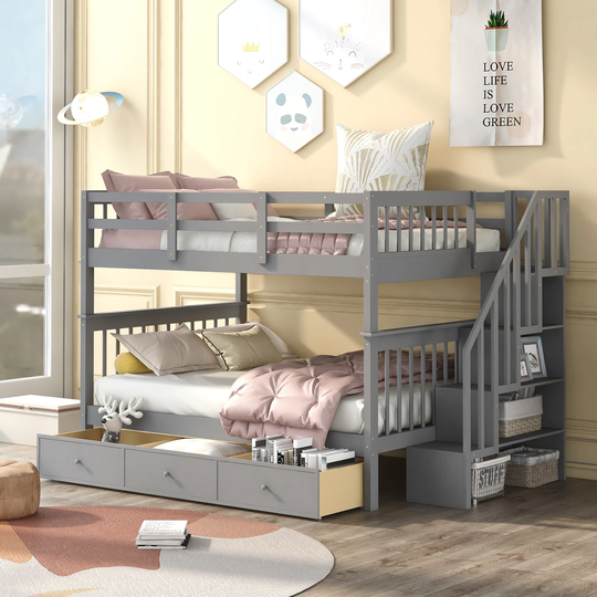 Concise and Elegant Stairway Full-Over-Full Bunk Bed with Drawer, Storage and Guard Rail for Bedroom