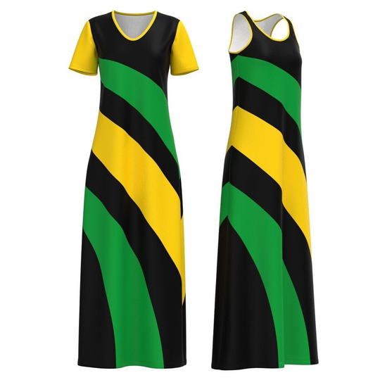 Jamaica Stripes Flag Color Black Green Gold Jamaican Pride Modest Long Maxi Dress Short Sleeve Sleeveless