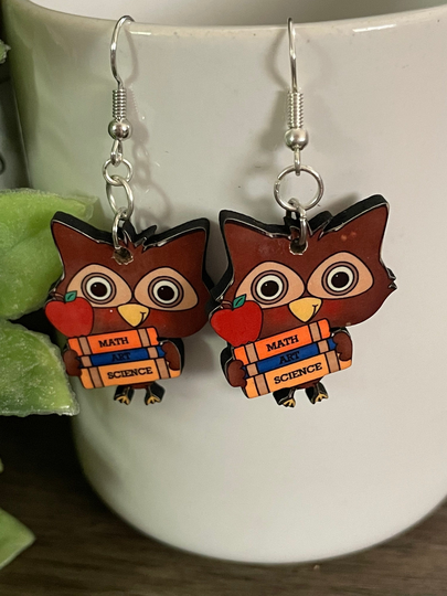 Custom Single Or Double Sided - Teacher Pencil Owl Books Apple Dangle Stud School Unique Earring