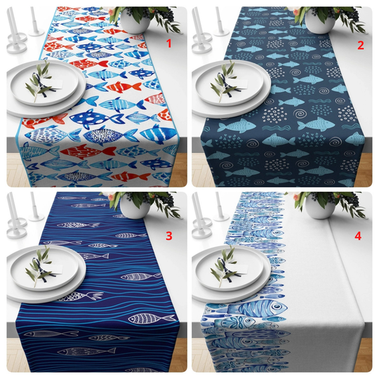 Fish Pattern Table Runner, Nautical Decorative Top, Aqua Cover, Navy Blue Dining Deco, Rectangle Tablecloth, Teal Runner
