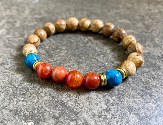 Grounding & Calming Crystal Beaded Bracelet, Anxiety Relief, Bracelet, Blue Lace Agate, Fire Picture Jasper, Lover