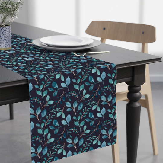 Navy Blue Table Runner, Leaf Decor, Spring Runner