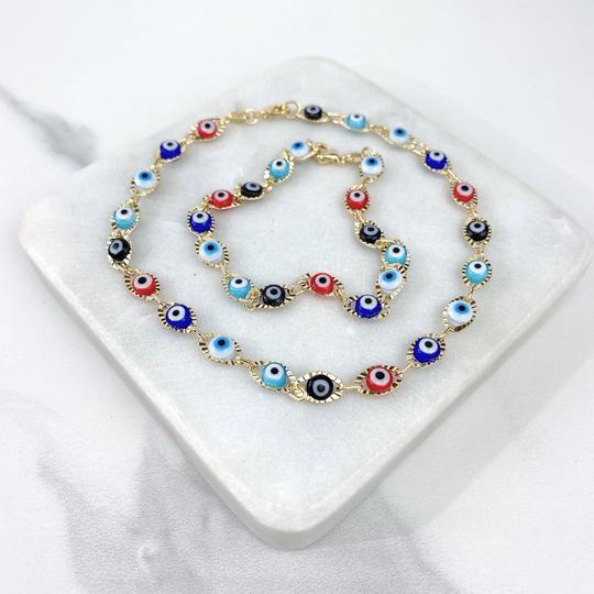 18K Gold Filled Fancy 6mm Colorful Colored, Red, Blue & Black Evil Eye Protection Bracelet Or Anklet For Wholesale Jewelry Supplies