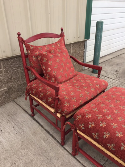 Beautiful French Country Red Painted Wood & Rush Seat Accent Club Chair Ottoman