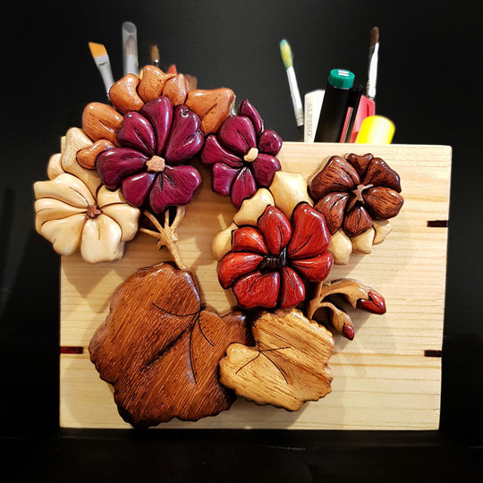Wooden Geranium Figurine Paint Brush Holder, Pencil Case, Gift For Flower Lover, Unique Office Decor, Cute Box