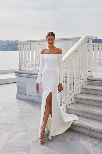 Elegant Long Sleeve Mermaid Wedding Dress Minimalist Off The Shoulder With Train Modern Fitted Gown Overlay Skirt Nina