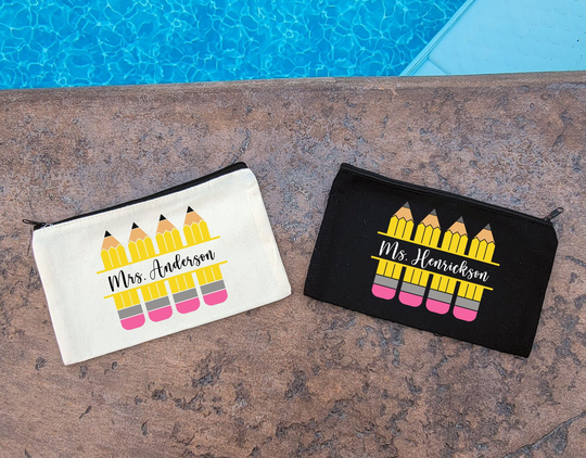 Personalized Pencil Case Gift - Back To School Or Teacher Gift Zippered Pencils -Black Natural Colored 100% Heavy Canvas Cotton