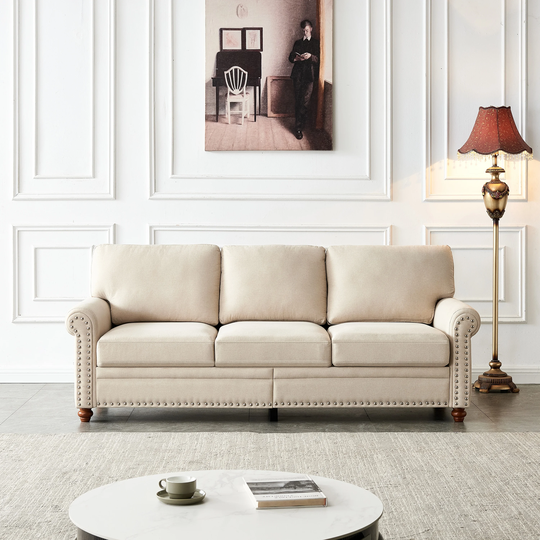 82.6" 3 Seater Linen Fabric Upholstered Sofa with Nail Head Trim and Storage Box,Beige