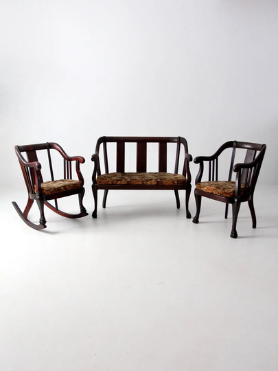Antique American Empire Furniture Set, 1800S Chairs & Loveseat Bench