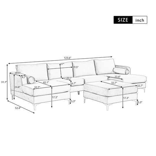 123.6" U-Shape Modern Velvet Sectional Sofa, Reversible Chaise Sofa Couch with Ottoman & 2 Pillows for Living Room, Apartment