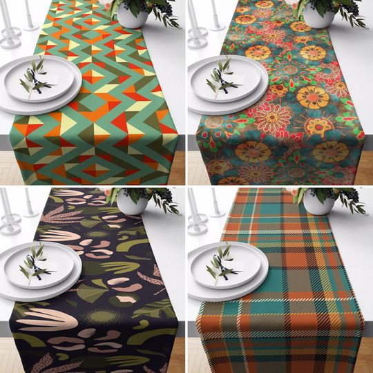 Abstract Runner, Colorful Table Modern Cotton Tablecloth, Kitchen Textile, Digital Print Gift, Orange & Green Home Decor