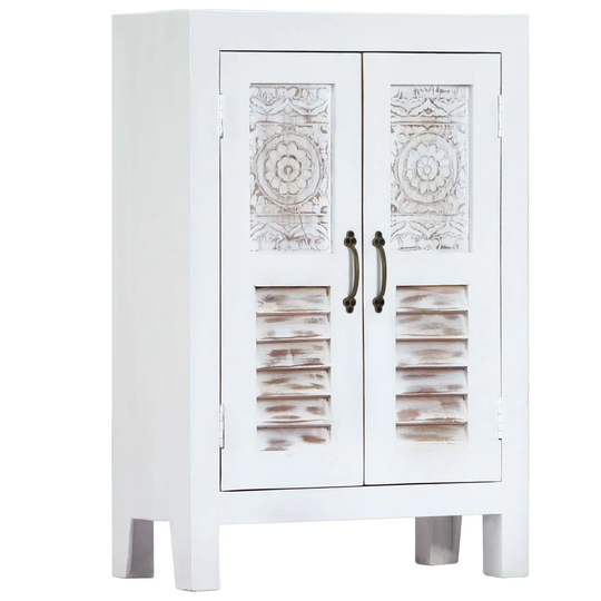Carved Sideboard White 23.6"x11.8"x35" Solid Mango Wood