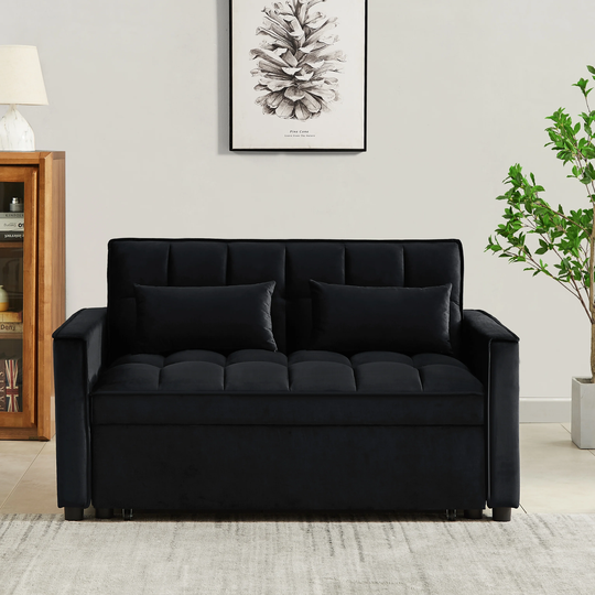 Velvet Padded Seat Sofa Convertible Futon Loveseat Sleeper Sofa Adjustable Backrest Couch Bed with Metal Legs and 2 Pillows