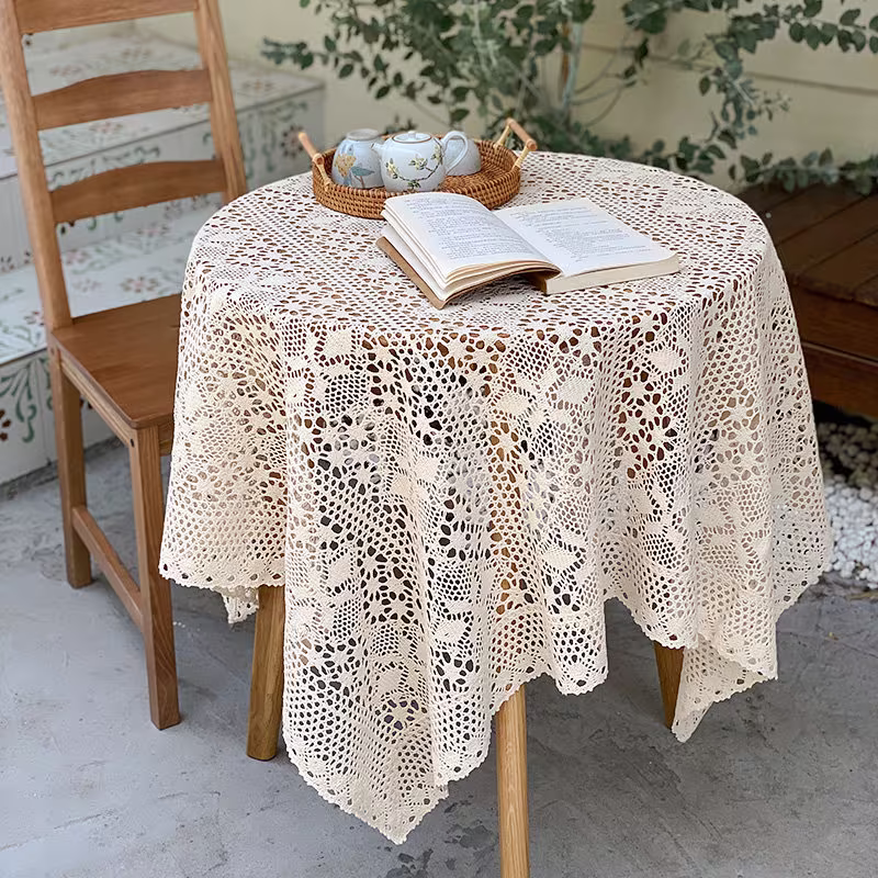 Handmade Crochet Lace Table Cover | Beautiful With Floral Pattern Tablecloth Beige Cotton For Wedding Custom Size