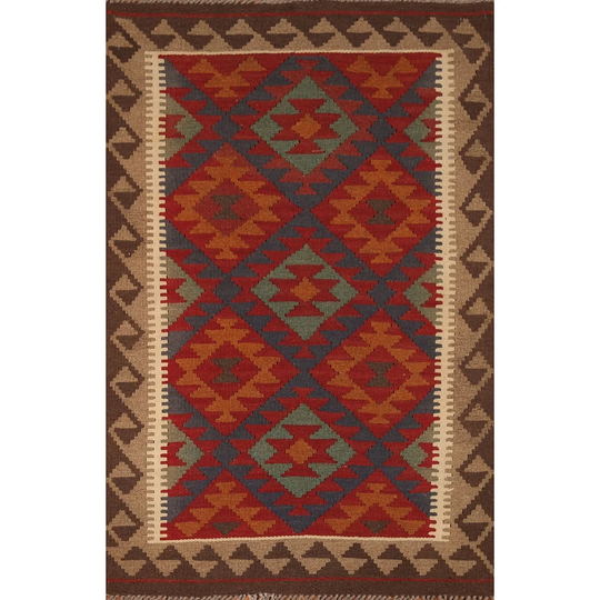 Multi-Color Geometric Kilim Oriental Area Rug Hand-woven Wool Carpet - 3'2" x 5'2"
