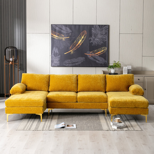 110.63'' Chenille Fabric Accent Sectional Sofa with Chaise Lounge & Pillow Top Arm, Modern Living Room Sofa with Metal Legs