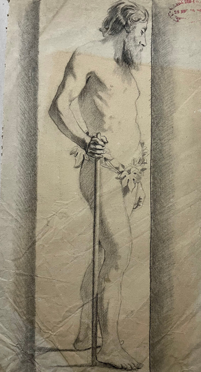 1880S French Pencil Drawing On Paper. Academic Study Of Man Holding A Walking Stick