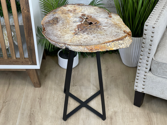 Natural Brazilian Agate Side Table, Single Slice On A Black Metal Base, 24.75" Tall #1307-0020 By Brazil Gems